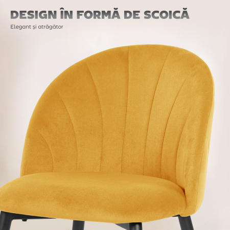  Set de 2 Scaune pentru Sufragerie din Catifea, Scaune pentru Bucatarie cu Spatar Curbat in Forma de Scoica, Picioare din Otel, Stil Nordic, Scaune Captusite pentru Bucatarie, Dormitor, Living, Galben [3]
