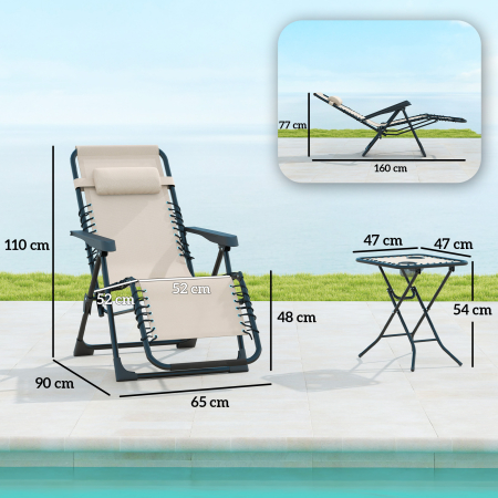  Set de 2 sezlonguri de Gradina cu Gravitatie Zero si Masuta cu Suport pentru Pahare, 47x47x54 cm, Bej [2]