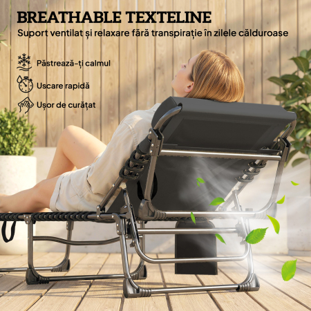 Set de 2 sezlonguri de Gradina Pliabile, Reglabile pe 5 Niveluri, cu Perne, sezlonguri Textilena cu Buzunar Lateral, Maner, pentru Plaja, Piscina, 57x200x38 cm, Negru [4]