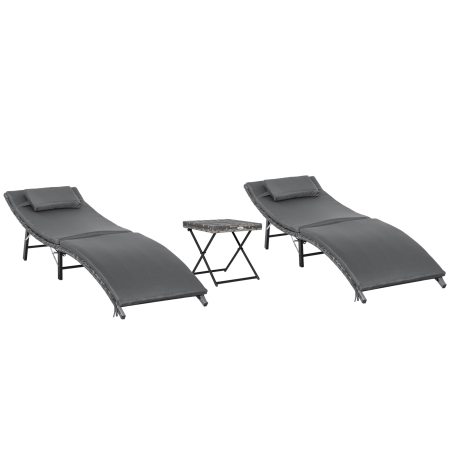 Gradina & balcon -  Set de 2 Sezlonguri Pliabile, Sezlong de Gradina din Ratan cu Perne Detasabile Lavabile si Masa Pliabila, Gri