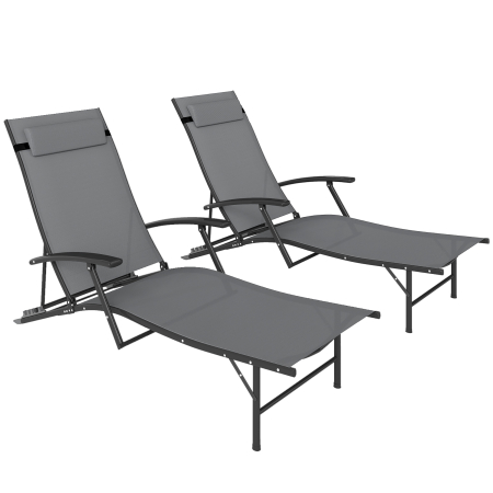 Mobilier gradina si terasa -  Set de 2 sezlonguri Pliante, Ajustabile in 4 Pozitii cu Cotiere si Perne, 64x154x87 cm, Gri