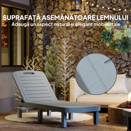  Set de 2 sezlonguri, sezlonguri cu tavi retractabile, inclinabile, suprafata efect lemn, 62 x 158 x 88 cm, gri [6]