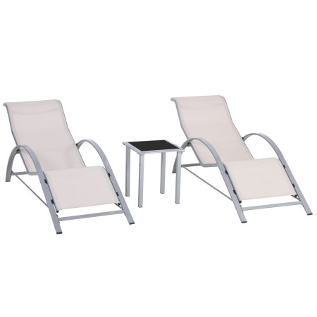 Mobilier gradina si terasa -  Set de 2 sezlonguri si Masuta cu Blat din Sticla, 59x169x66 cm, Crem
