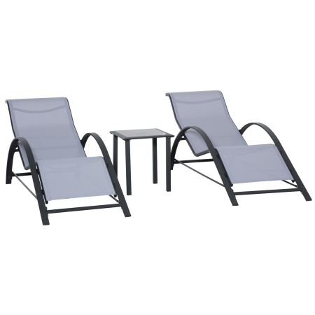 Gradina & balcon -  Set de 2 sezlonguri si masuta cu blat din sticla, 59x169x66 cm, gri deschis