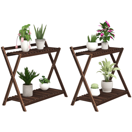 Suporturi flori si ghivece -  Set de 2 Suporturi pentru Plante cu 2 Niveluri, 73x36x64 cm, Maro