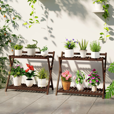  Set de 2 Suporturi pentru Plante cu 2 Niveluri, 73x36x64 cm, Maro [1]