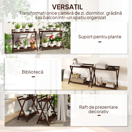  Set de 2 Suporturi pentru Plante cu 2 Niveluri, 73x36x64 cm, Maro [7]