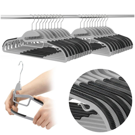 Set de 20 de umerase antiderapante pentru haine, din PE, cu carlig metalic rotativ, 41 cm, gri si negru [15]