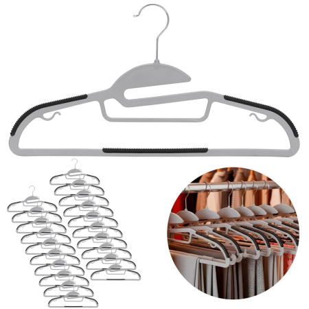 Set de 20 de umerase antiderapante pentru haine, din PE, cu carlig metalic rotativ, 41 cm, gri si negru [2]