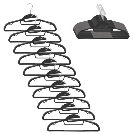Umerase si huse haine - Set de 20 de umerase antiderapante pentru haine, din PE, cu carlig metalic rotativ, 41 cm, negru si gri
