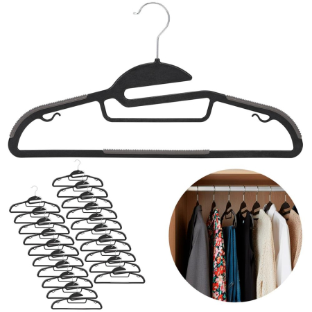 Set de 20 de umerase antiderapante pentru haine, din PE, cu carlig metalic rotativ, 41 cm, negru si gri [3]