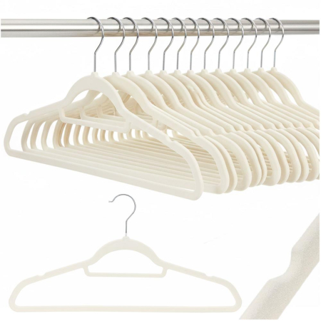 Set de 20 de umerase pentru haine, din velur, cu carlig rotativ, 45x23 cm, ecru [2]