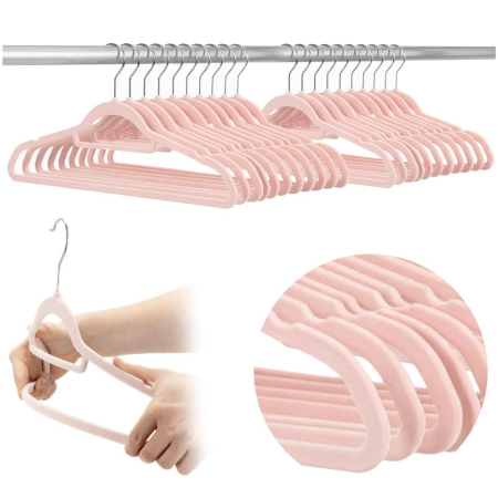 Set de 20 de umerase pentru haine, din velur, cu carlig rotativ, 45x23 cm, roz [15]