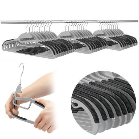Set de 30 de umerase antiderapante pentru haine, din PE, cu carlig metalic rotativ, 41 cm, gri si negru [14]