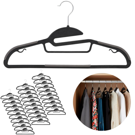 Set de 30 de umerase antiderapante pentru haine, din PE, cu carlig metalic rotativ, 41 cm, negru si gri [3]