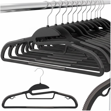 Set de 30 de umerase antiderapante pentru haine, din PE, cu carlig metalic rotativ, 41 cm, negru si gri [2]