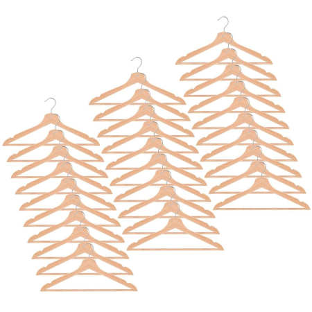 Umerase si huse haine - Set de 30 umerase din lemn cu carlig cromat rotativ, forma ergonomica, 43x21 cm, maro natur
