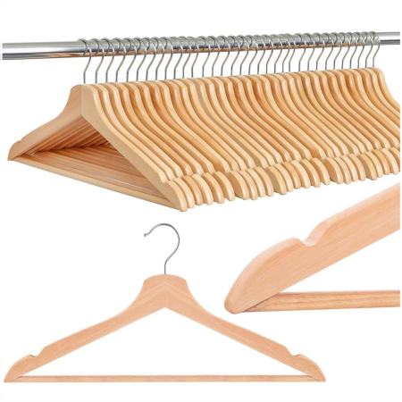 Set de 30 umerase din lemn cu carlig cromat rotativ, forma ergonomica, 43x21 cm, maro natur [2]