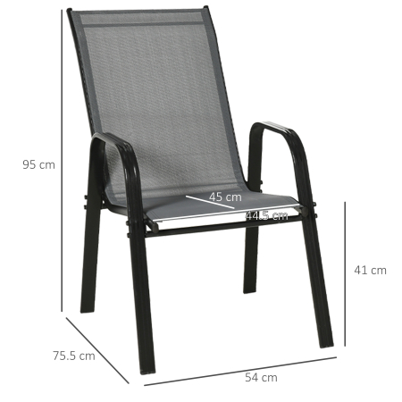  Set de 4 Scaune de Gradina Stivuibile, Scaune de Exterior cu Cotiere din Metal si tesatura Respirabila, 54x75.5x95 cm, Gri [2]