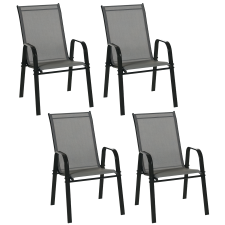 Mobilier gradina si terasa -  Set de 4 Scaune de Gradina Stivuibile, Scaune de Exterior cu Cotiere din Metal si tesatura Respirabila, 54x75.5x95 cm, Gri