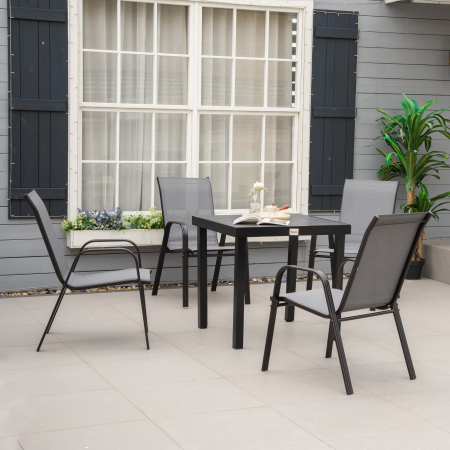  Set de 4 Scaune de Gradina Stivuibile, Scaune de Exterior cu Cotiere din Metal si tesatura Respirabila, 54x75.5x95 cm, Gri [1]