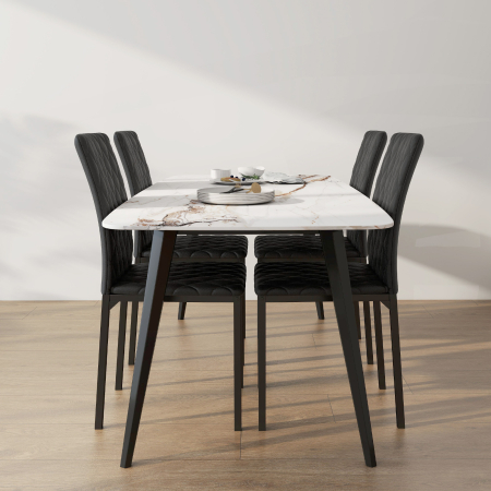  Set de 4 scaune pentru dining din piele sintetica cu cusaturi romboidale si picioare din metal, negru [7]
