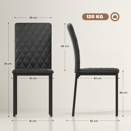  Set de 4 scaune pentru dining din piele sintetica cu cusaturi romboidale si picioare din metal, negru [2]