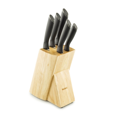 Ustensile bucatarie - Set de 5 cutite & suport Tefal Comfort Touch K221SA04, maner ergonomic, suport din lemn, argintiu & negru