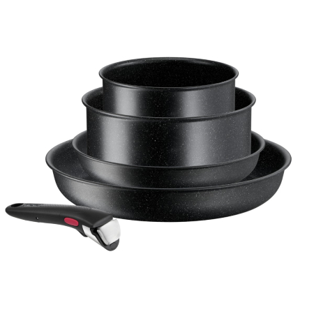 Tigai si seturi - Set de 5 piese Tefal Ingenio Black Stone L3998953, tigaie 22/28 cm, cratita 16/20 cm, maner detasabil, invelis antiaderent Mineralia+, indicator Therm