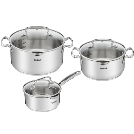 Vase & ustensile pentru gatit - Set de 6 piese Tefal Duetto+ G719S655, oale cu capac de sticla 20 / 24 cm, cratita cu capac de sticla 16 cm, inox, inductie, inox, manere nituite