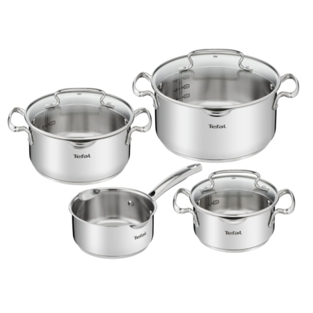 Vase & ustensile pentru gatit - Set de 7 piese Tefal Duetto+ G719S735, oale cu capac de sticla 16 / 20 / 24 cm, cratita 16 cm, inductie, inox, manere nituite, margini turnare, g