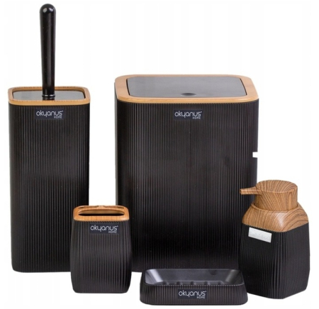 Baie - Set de accesorii patrate pentru baie din plastic, 5 piese, negru maro