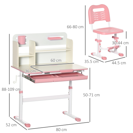  Set de Birou si Scaun pentru Copii de la 3 Ani Reglabil, Masa Inclinabila 60° cu Sertar si Rafturi, Roz [2]