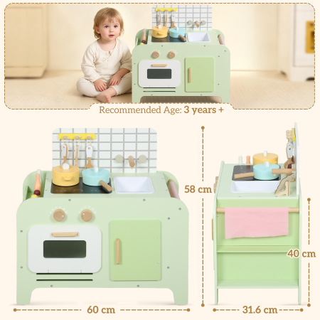  Set de Bucatarie de Jucarie din Lemn pentru Copii de 3+ Ani cu 15 Accesorii, Verde [2]