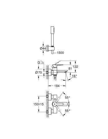 Set de cada Grohe 33850001, 1 bar, 66 mm, 1.25 m, 244 mm, 184 mm, 2 orificii instalare, 1 functii para dus, Crom [2]