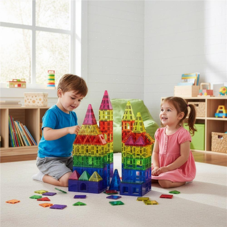 Set constructie cuburi magnetice educative copii 120 piese, sasiu roti inclus, multicolor [1]