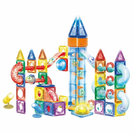 Dormitor & birou - Set constructie cuburi magnetice pista bile led copii 134 piese, turn lift, multicolor