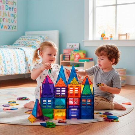Set constructie cuburi magnetice educative copii 48 piese, forme geometrice, multicolor [2]