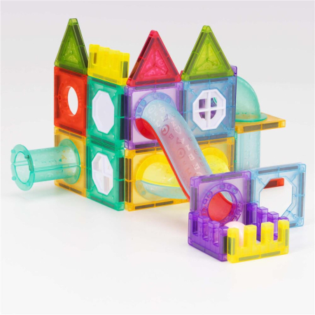 Set constructie cuburi magnetice pista bile led copii 66 piese, rampe tuneluri, multicolor [7]