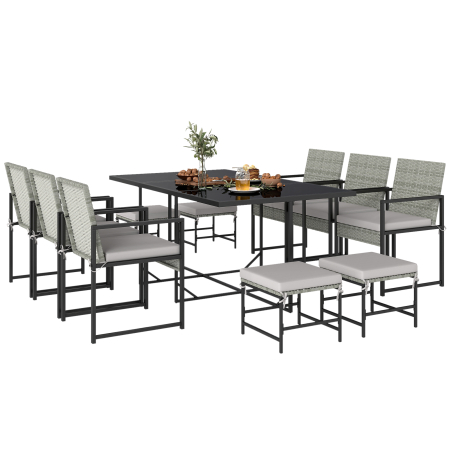  Set de dining pentru patio 11 piese, mobilier exterior cu 6 fotolii, 4 pouf, gri [6]