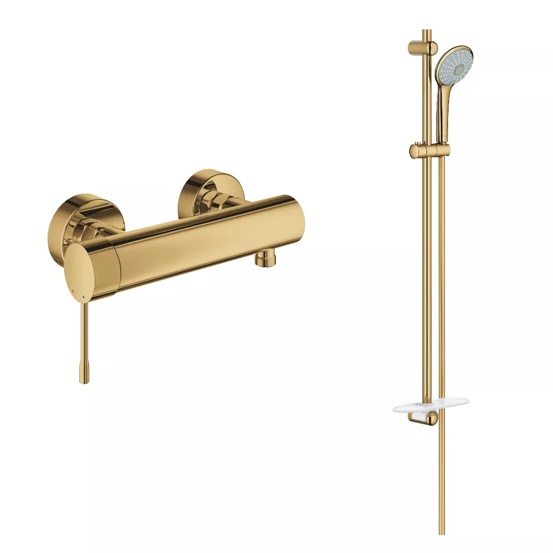 Seturi de dus - Set de dus Grohe Essence 33636GL1, 1/2'', aparent, monocomanda, 3 functii, 900 mm, etajera, anti-calcar, lucios, auriu
