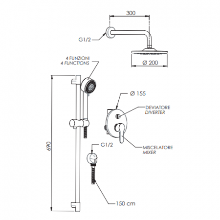 Set de dus incastrat Remer Winner W09S01EC20, sistem cu 7 componente, para cu 3 functii, alama, cromat, 20cm [3]