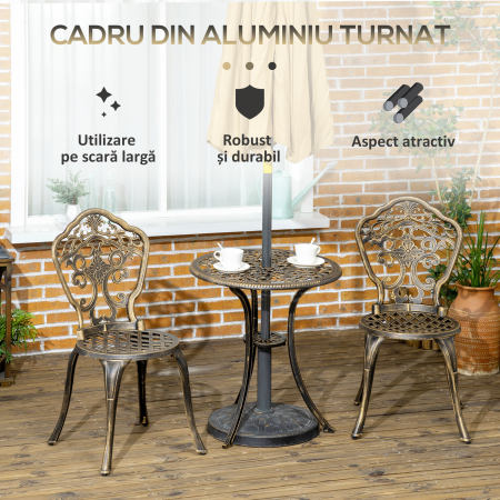  Set de Exterior 3 Piese din Aluminiu cu 2 Scaune de Gradina si Masa Rotunda cu Orificiu pentru Umbrela, Bronz [4]