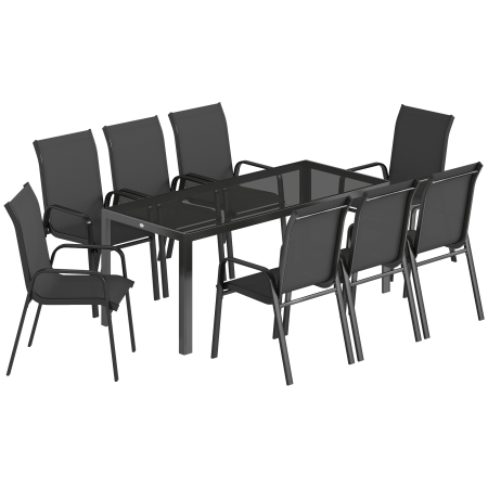 Gradina & balcon -  Set de Exterior 9 Piese cu 8 Scaune Suprapozabile din Textilene si Masuta de Cafea cu Blat din Sticla, Negru