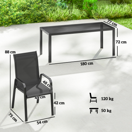  Set de Exterior 9 Piese cu 8 Scaune Suprapozabile din Textilene si Masuta de Cafea cu Blat din Sticla, Negru [2]