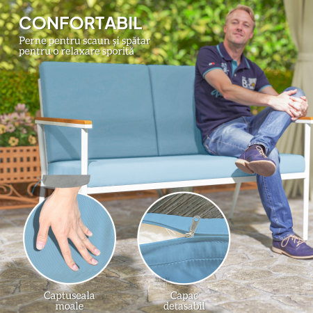  Set de Exterior cu Canapea de 2 Locuri, 2 Fotolii si 2 Masute de Cafea cu Blat din Sticla, Albastru [4]