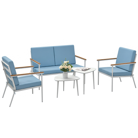 Seturi mobilier -  Set de Exterior cu Canapea de 2 Locuri, 2 Fotolii si 2 Masute de Cafea cu Blat din Sticla, Albastru