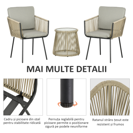  Set de Exterior cu Masuta din Sticla si 2 Scaune de Gradina din Ratan Stil Boho, Cafea [3]