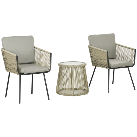 Gradina & balcon -  Set de Exterior cu Masuta din Sticla si 2 Scaune de Gradina din Ratan Stil Boho, Cafea