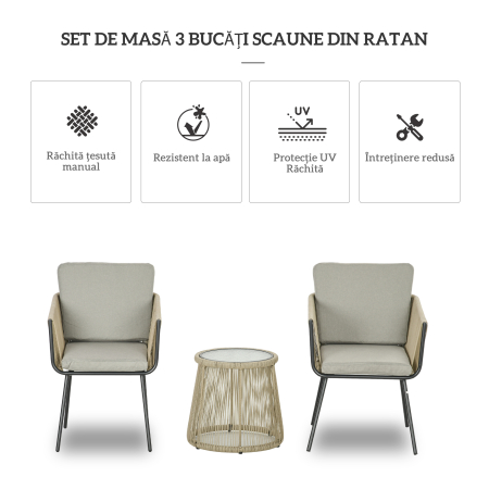  Set de Exterior cu Masuta din Sticla si 2 Scaune de Gradina din Ratan Stil Boho, Cafea [4]